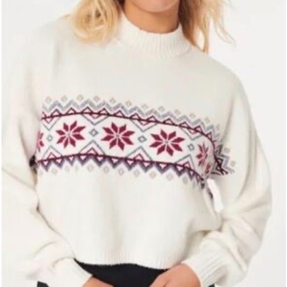 Hollister Women Cream Snowflake Fair Isle Mock Neck Sweater XS